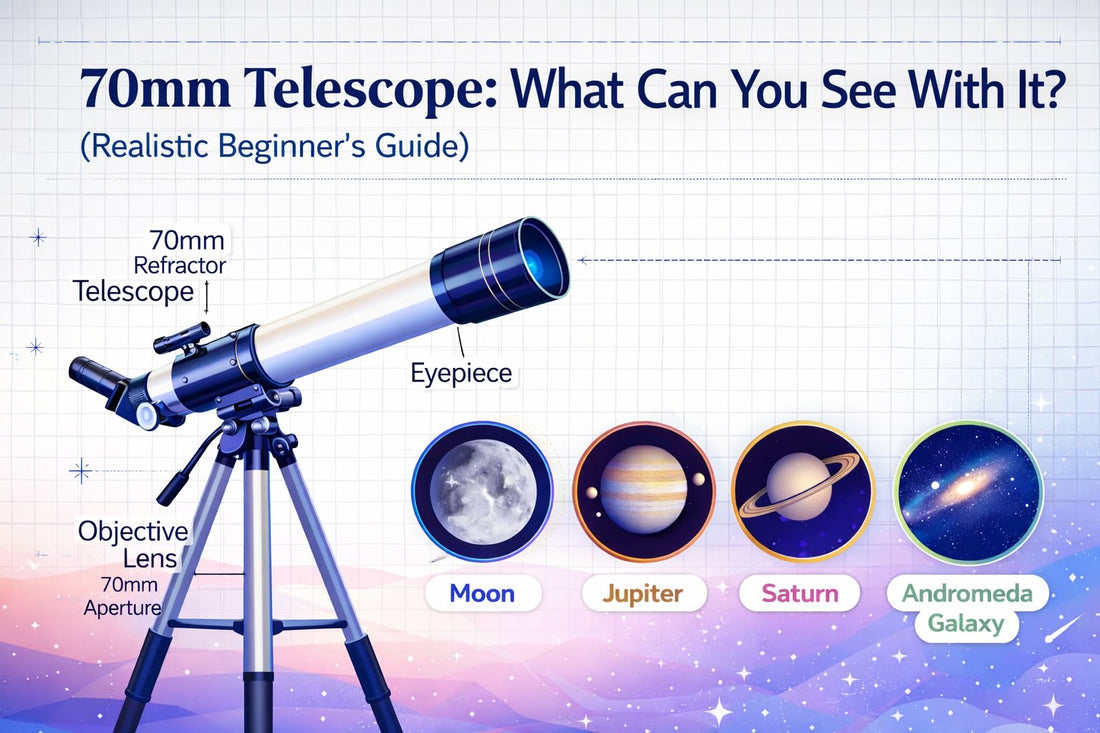 Academic infographic showing a 70mm beginner refractor telescope and labeled views of the Moon, Jupiter, Saturn, and Andromeda galaxy demonstrating what you can see with a 70mm telescope