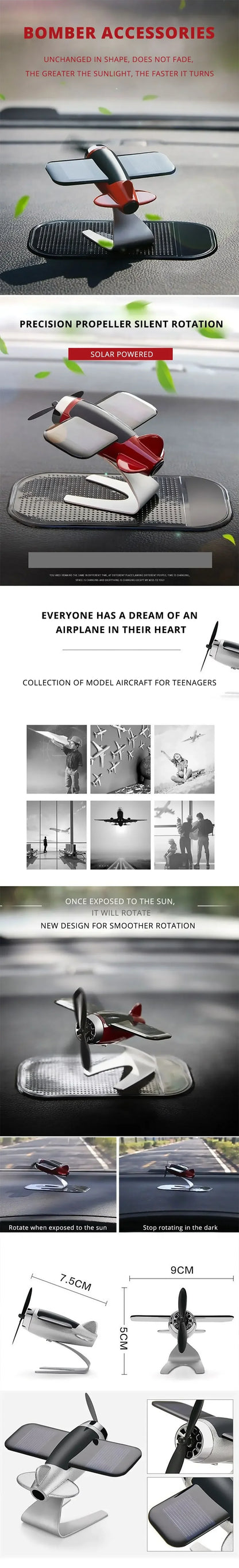 Solar Airplane Desk Ornament - Continuous Rotating Mini Aircraft